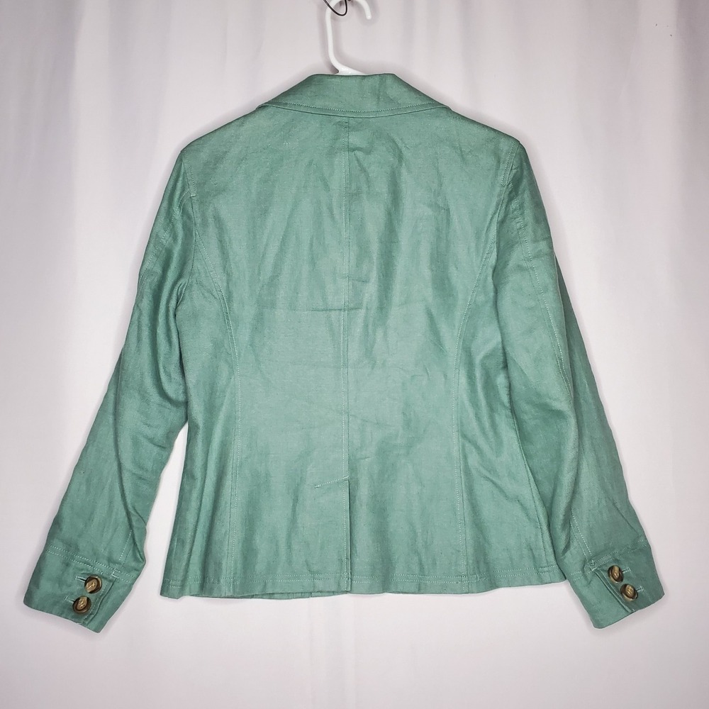 LL Bean Linen Blazer Womens Petite 8P Green Button Collar Pocket Lined Coastal - Picture 2 of 8